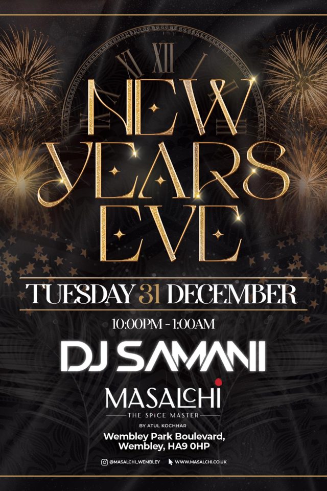An energetic promotional flyer for the New Year's Eve party at Masalchi, highlighting a lively night of Indian street food and dancing near the iconic Wembley Stadium.