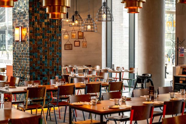 The lively and contemporary dining room interior at Masalchi Wembley Park.